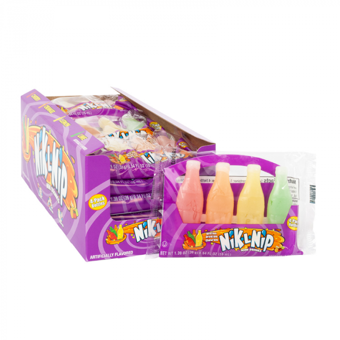 Front of Nik-L-Nip Original Wax Bottles pack showing colourful wax bottles, brand logo, and 4-pack label (39g)