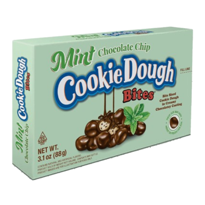 Front of Cookie Dough Bites Mint Chocolate Chip box showing logo, mint chocolate chip flavour label, and bite-sized cookie dough pieces (88g pack)