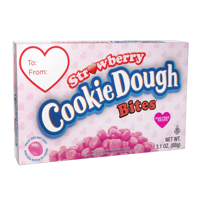 Front of Cookie Dough Bites Strawberry Theatre Box showing the product name with strawberry flavour detail and pack size (88g)