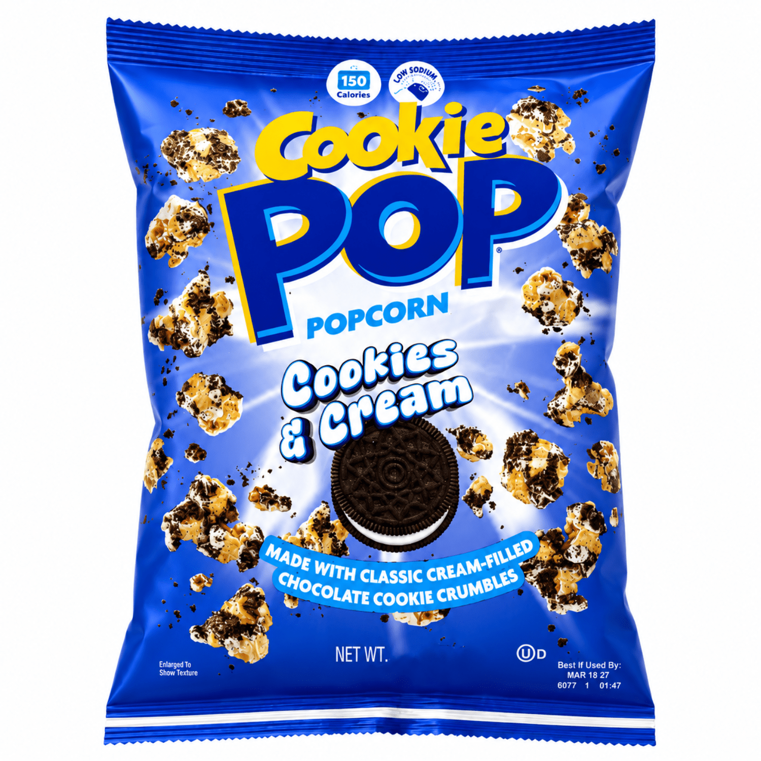 A bag of Cookie Pop Popcorn Cookies & Cream snack, featuring a bright blue packaging design with illustrations of chocolate chip popcorn and a central image of a classic cream-filled chocolate cookie.