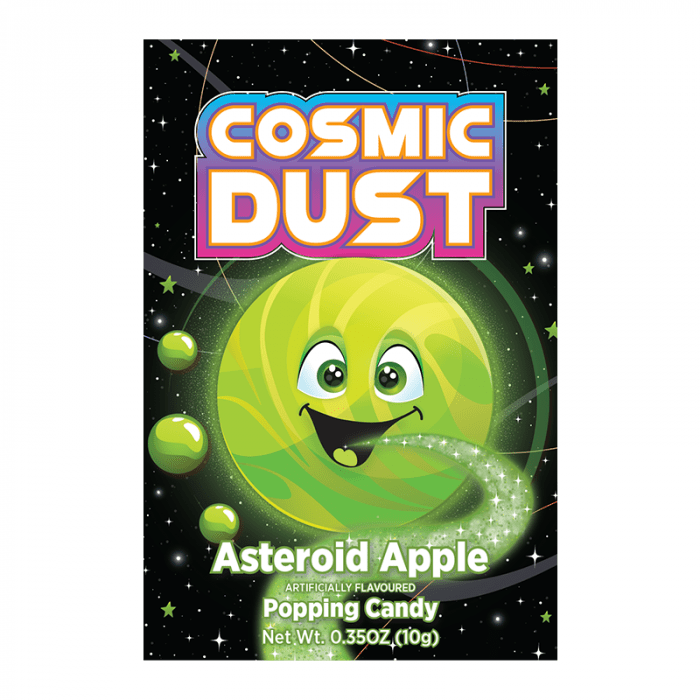 Front of Cosmic Dust Asteroid Apple Popping Candy packaging featuring bright graphics, apple flavour description, and 10g pack size