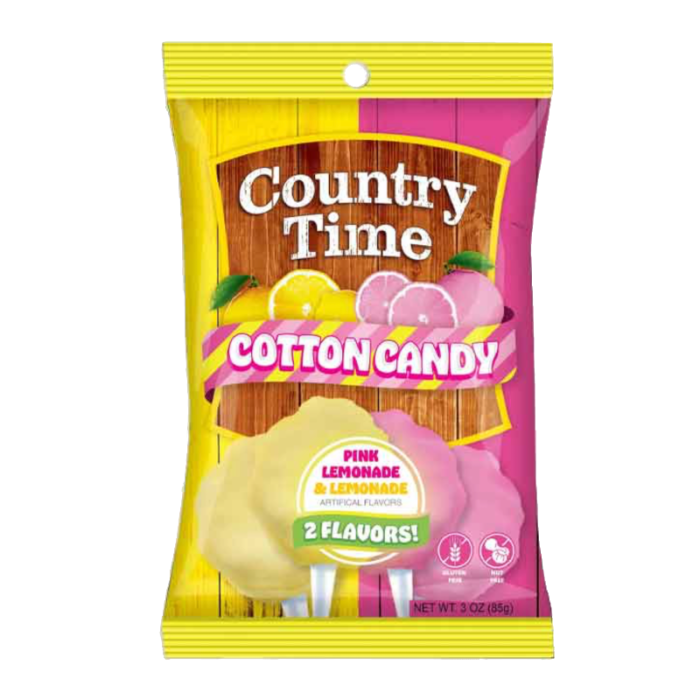 Front of Country Time Cotton Candy bag showing the logo, pink lemonade and lemonade flavours with illustrations of cotton candy cones (85g pack)