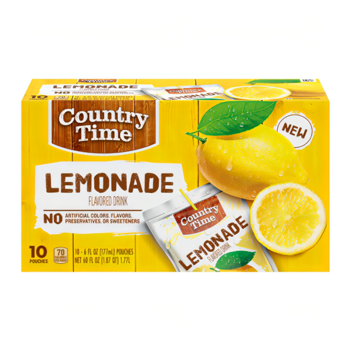 Front of Country Time Lemonade case showing logo, lemonade flavour label, and images of lemons (Case of 10 pouches, 177ml each)