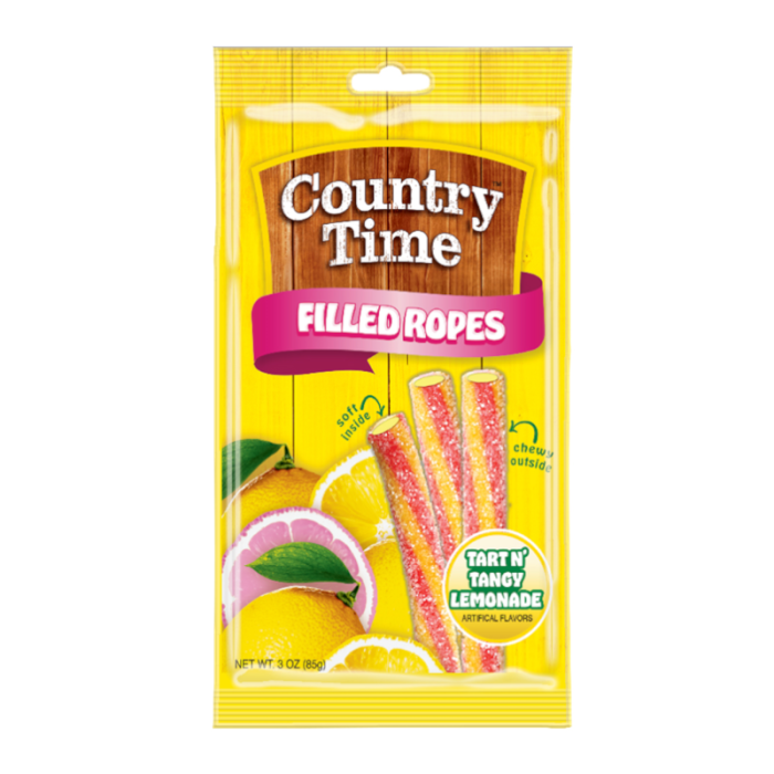 Front of Country Time Filled Ropes package featuring bright yellow background, logo, tart n' tangy lemonade flavour label, and colorful filled candy ropes (85g pack)