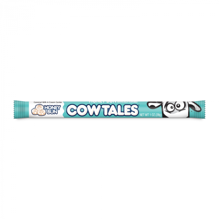 Front of Goetze's Honey Bun Cow Tales showing logo, playful design, and details on the 28g caramel-filled treat.