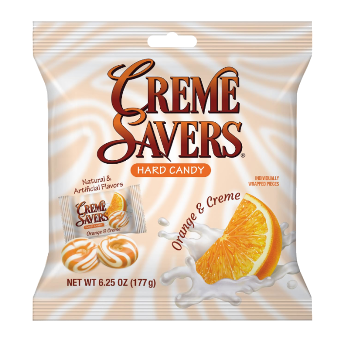 Front of a pack of Creme Savers Hard Candy Orange & Cream (177g) showing the logo, orange slice, and cream design.