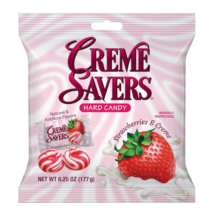 Front of Creme Savers Hard Candy bag featuring logo, strawberries & cream flavour, and pack size of 177g with individually wrapped pieces visible.