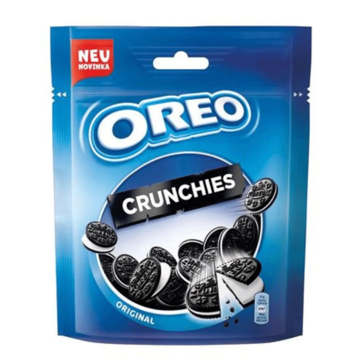 Front of Oreo Crunchies bag showing logo, crunchy biscuits, and original flavour label (110g pack)
