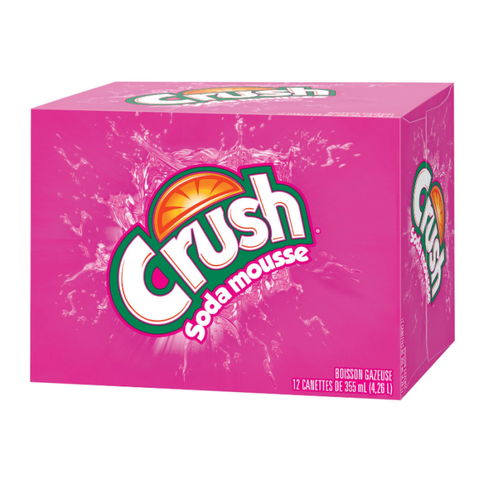 Front of Crush Cream Soda box featuring bold logo, cream soda flavour label, and 12 cans of 355ml (4.26L pack)