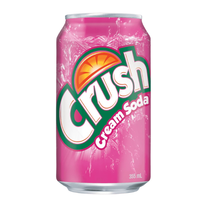 Front of a Crush Cream Soda can featuring a vibrant pink design, logo, and product details, showing a 355ml can.