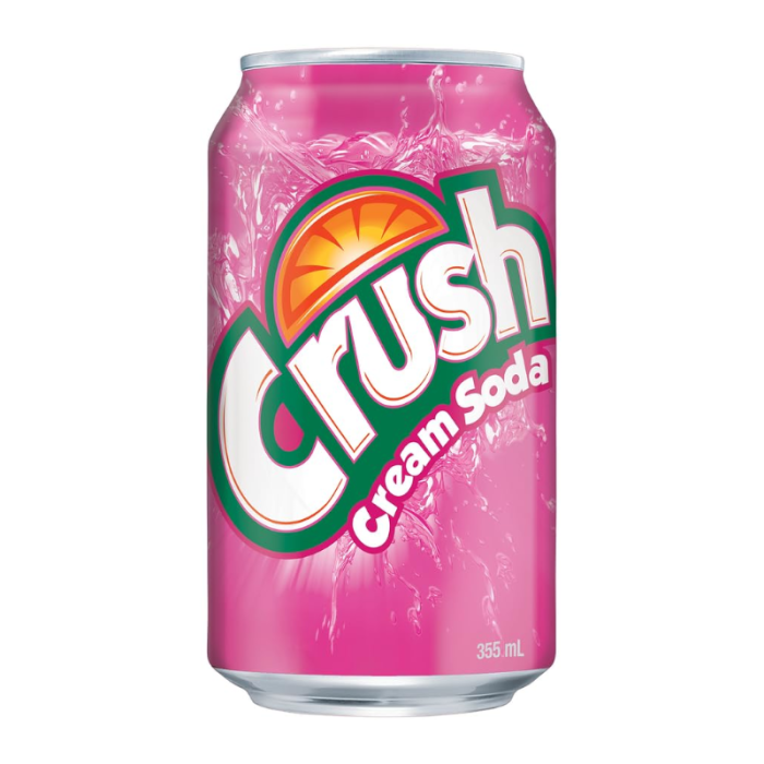 Front of a Crush Cream Soda can featuring a vibrant pink design, logo, and product details, showing a 355ml can.