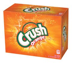 Front of Crush Orange Soda case showing the bold Crush logo, bright orange background, and a pack of 12 cans (355ml each)