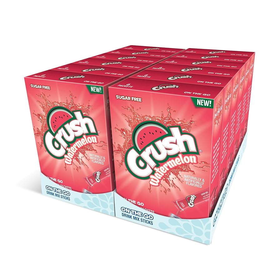 Front of Crush Watermelon Singles To Go box showing bright red packaging, flavour label, and description of sugar-free mix sticks (180g pack)