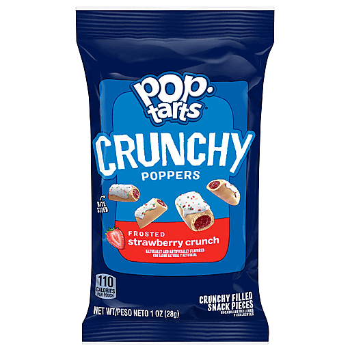Front of a blue bag of Pop-Tarts Crunchy Poppers Frosted Strawberry Crunch (28g) with visible logo and images of crunchy snack pieces inside.