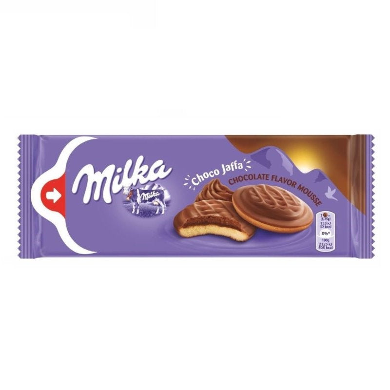 Front of Milka Choc Jaffa Cakes pack featuring a purple design, chocolate flavour mousse label, and two cakes alongside (128g pack)