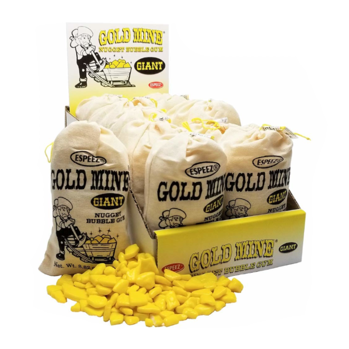 Front of Espeez Giant Gold Mine Gum package displaying logo, nugget bubble gum design, and visually appealing yellow colour (56g)
