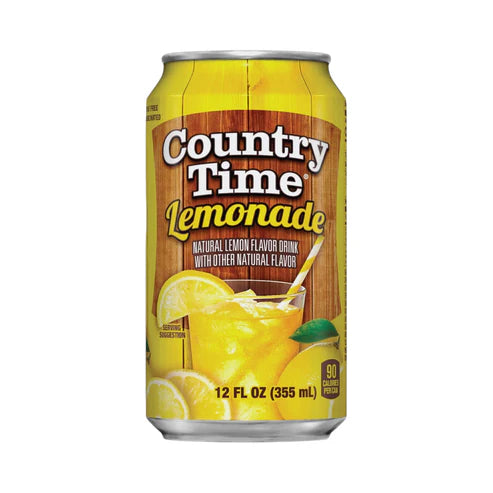 Front of Country Time Lemonade can featuring natural lemon flavour label and vibrant drink image (355ml)