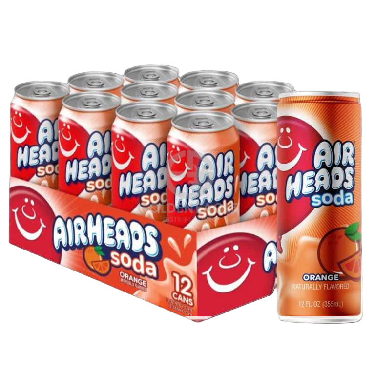 Front of Airheads Soda Orange 355ml can and 12-pack showing vibrant colours and logo with an orange-themed design