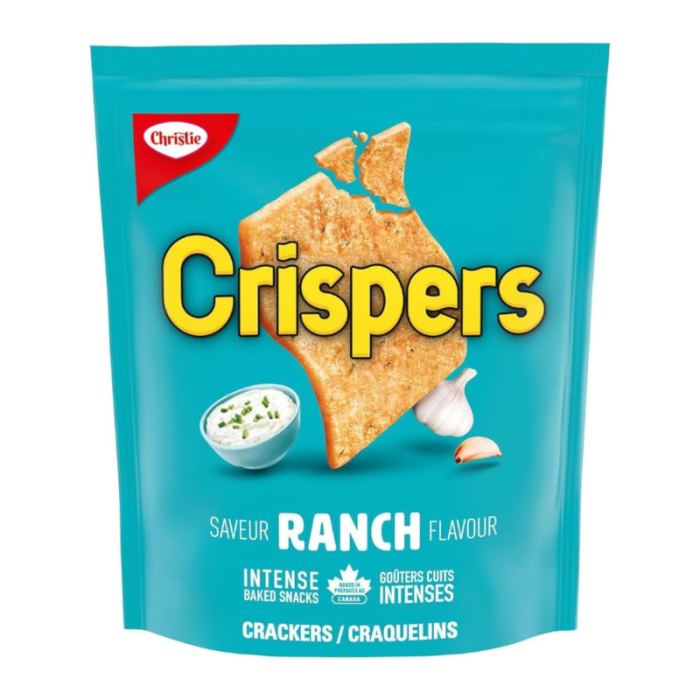 Front of a blue bag of Crispers Ranch Crackers showing the bold yellow logo and ranch flavour label (145g pack)