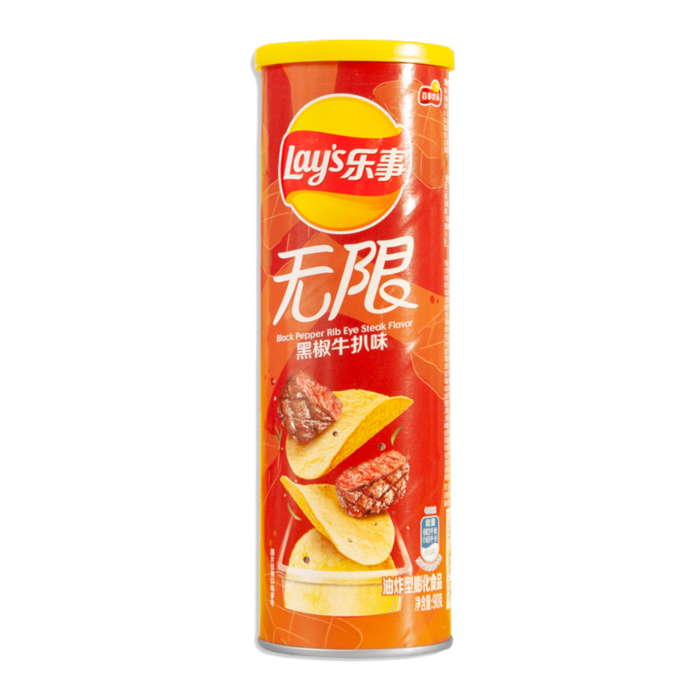 Front of Lays Stacx Black Pepper Steak Flavour canister showing logo, flavour details, and crunchy snack images (90g pack)