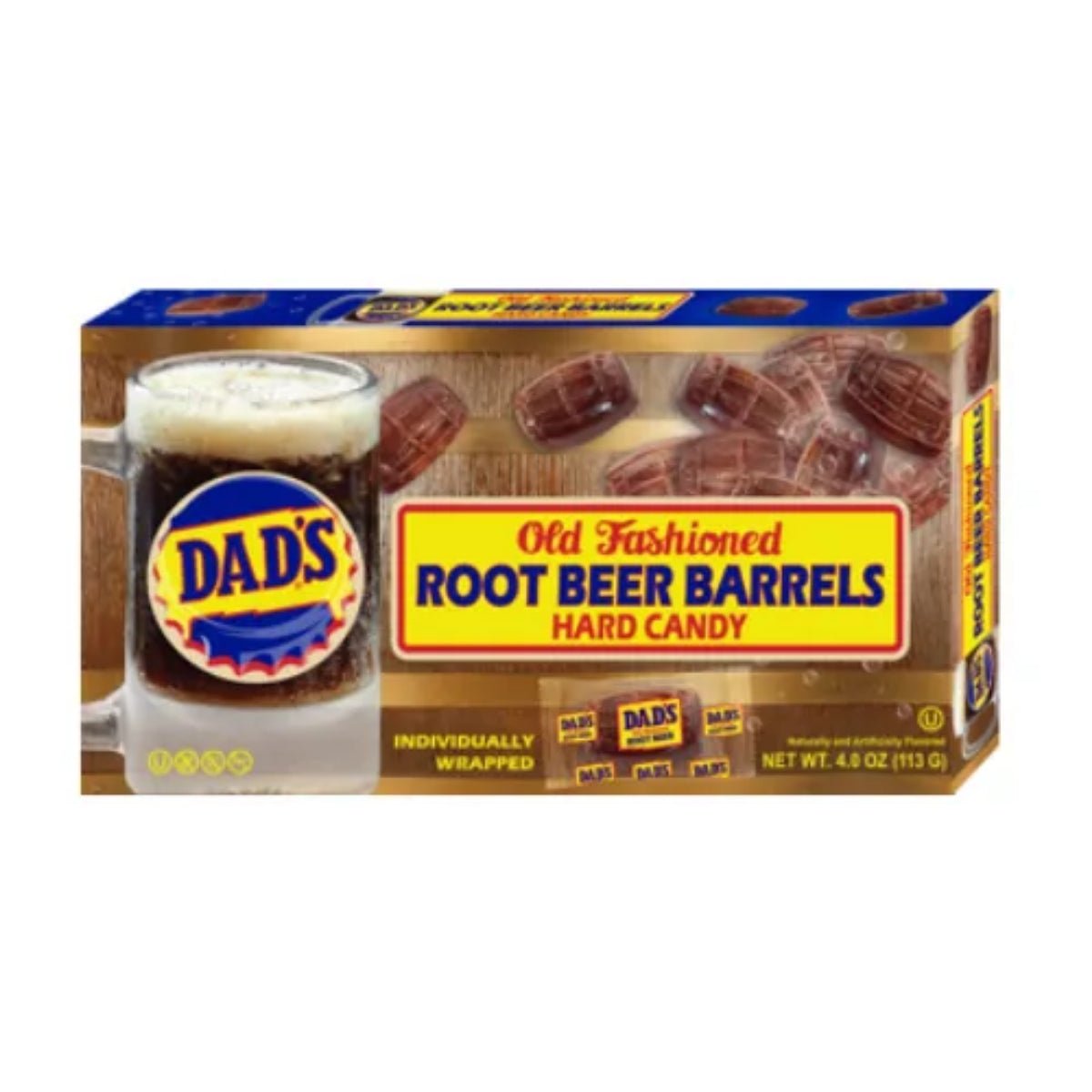 Front of Dad's Root Beer Barrel Theatre Box displaying logo, root beer barrels, and 113g pack size