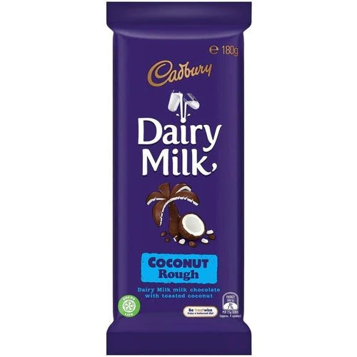 Front of Cadbury Dairy Milk Coconut Rough 180g chocolate bar showing logo, coconut imagery, and product details