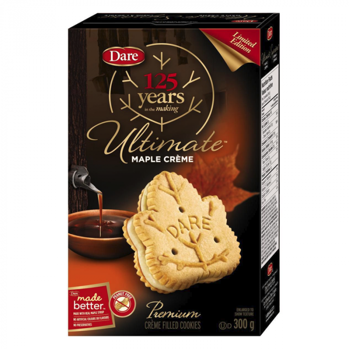 Front of Dare Ultimate Maple Créme Premium Cookies box featuring maple flavour label, premium cookie design, and 300g pack size.