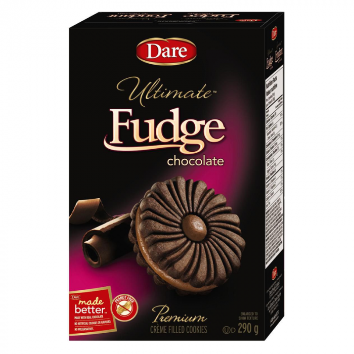Front of Dare Ultimate Fudge Chocolate Crème Premium Cookies box featuring rich chocolate cookies with creamy fudge filling and 300g pack size.