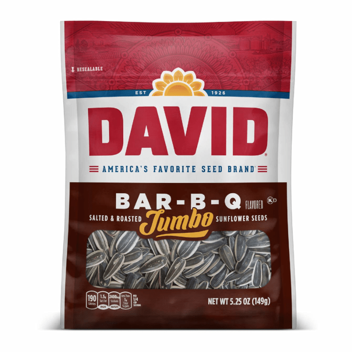 Front of David's Jumbo Sunflower Seeds BBQ bag showing the logo, BBQ flavour label, and seeds (149g pack)