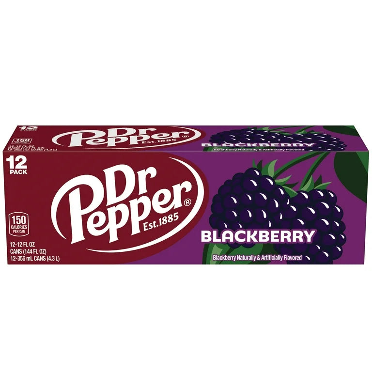 Front of Dr Pepper Blackberry case showing logo, blackberry flavour, and 12-pack of 355ml cans
