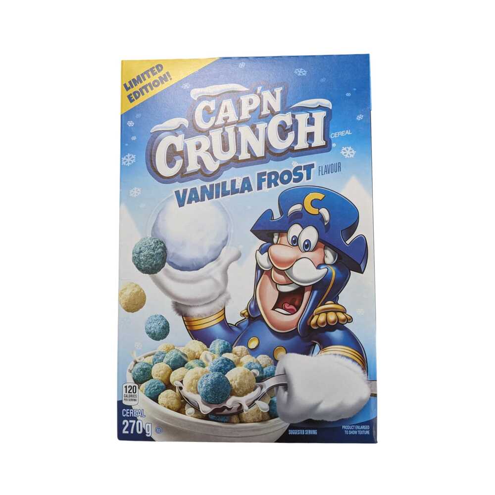 Front of Cap'n Crunch Vanilla Frost Cereal box displaying the blue logo, vanilla frost flavour, and a fun image of colourful cereal in a bowl (270g pack)