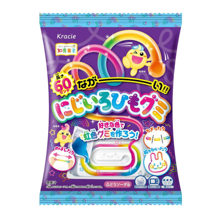 Front of KRACIE Rainbow String Gummies Kit showing bright packaging with colourful gummy strings and kit details (18g)