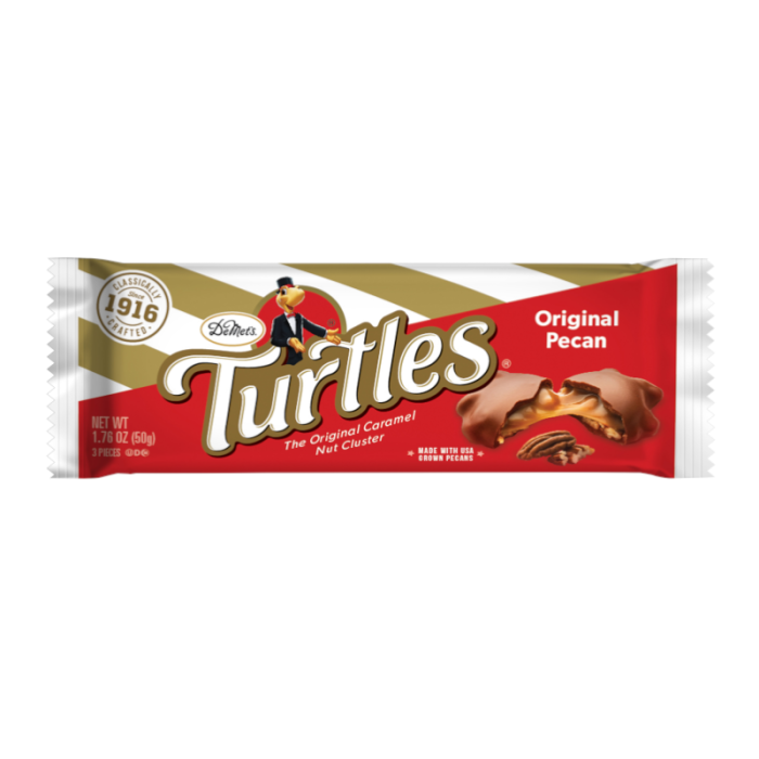 Front of DeMet's Turtles Original 3 Pack showing the logo, caramel nut clusters, and the pack size (50g)
