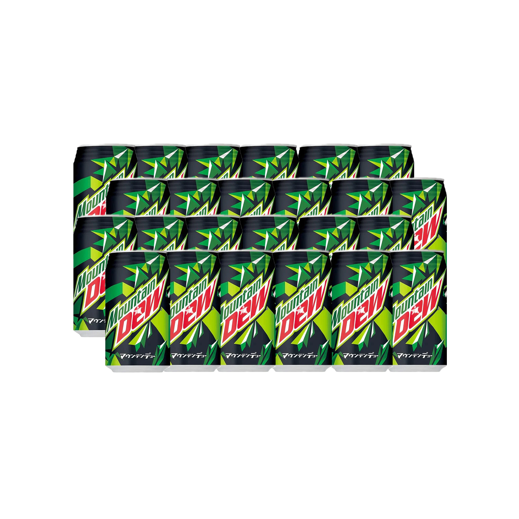 Front of Mountain Dew Original case showing vibrant logo, green and black design, and packaging of 24 cans (350ml each)