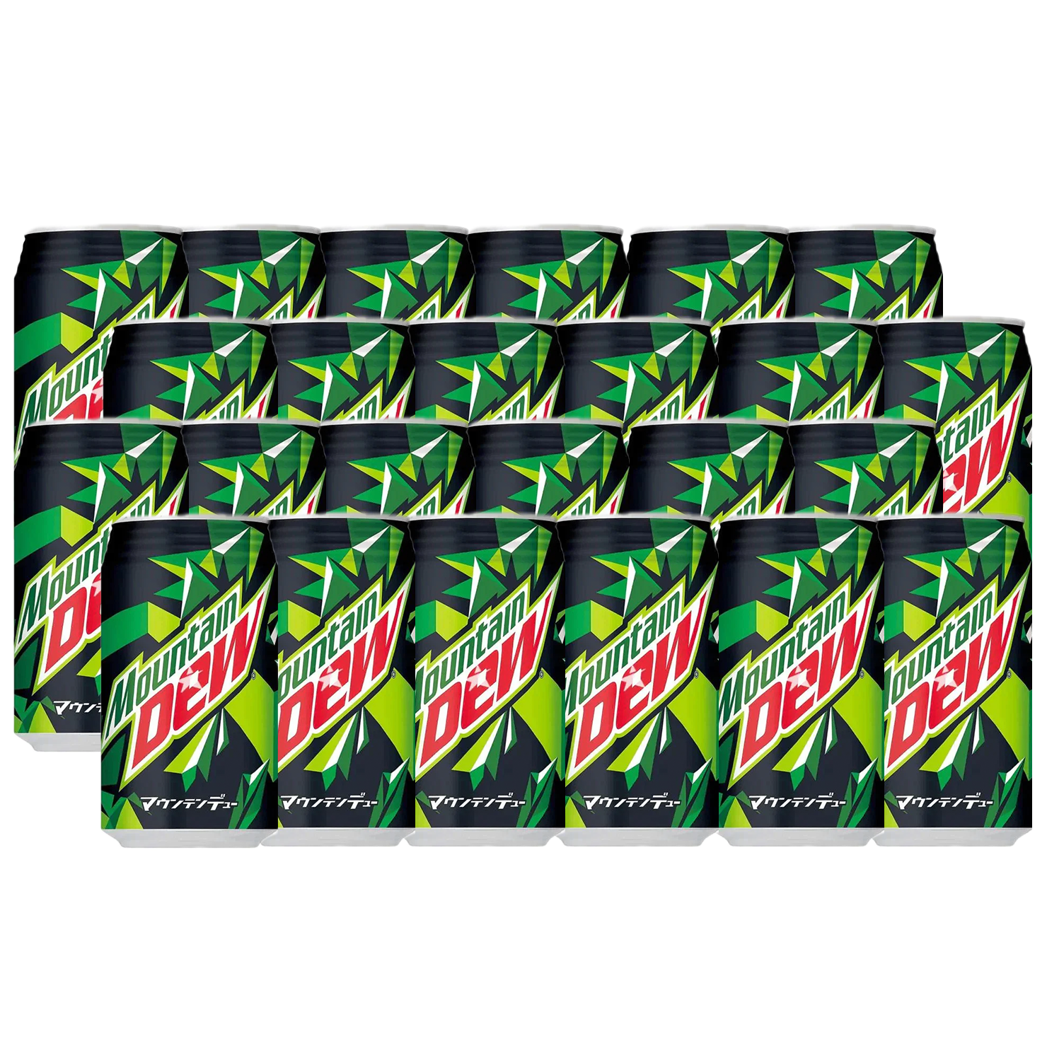 Front of Mountain Dew Original case showing vibrant logo, green and black design, and packaging of 24 cans (350ml each)