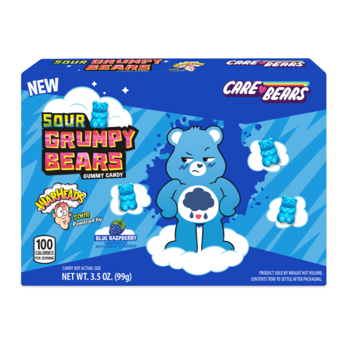 Front of Warheads Sour Grumpy Bears Theatre Box showing blue packaging with a grumpy bear character, blue raspberry candy bears, and 99g weight