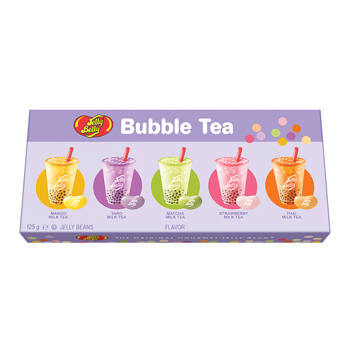 Front of Jelly Belly Bubble Tea Gift Box showing the logo and colourful bubble tea drinks with jelly beans (125g)