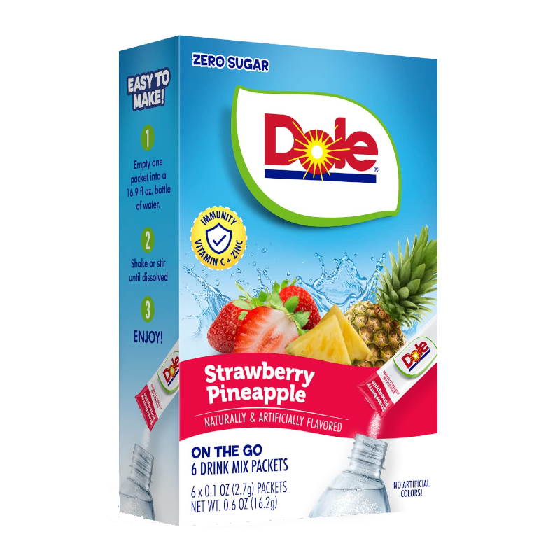 Front of Dole Strawberry Pineapple Singles To Go box showing brand logo, strawberry and pineapple imagery, and details of 6 drink mix packets (16.2g total)