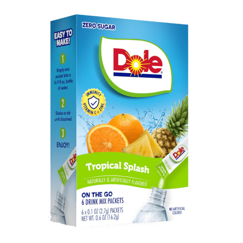 Front of Dole Tropical Splash Singles To Go box showing logo, vibrant tropical fruits illustration, and pack size of 6 drink mix packets (16.2g)