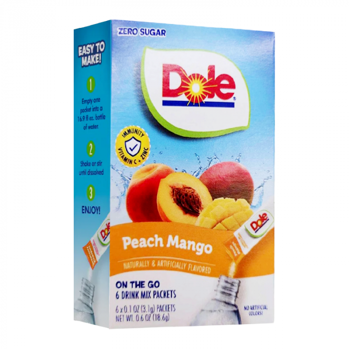 Front of Dole Peach Mango Singles To Go box showing logo, peach and mango images, and packet details (18.6g total)