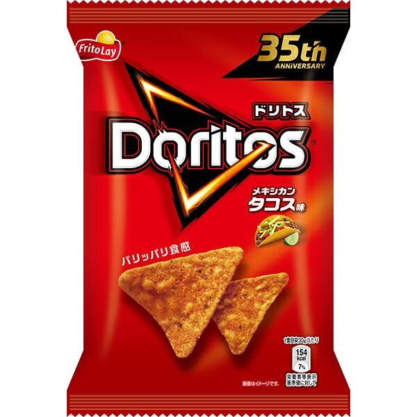 Front of Doritos Mexican Taco (Japan) bag showing red packaging, bold Doritos logo, and taco flavour illustration (60g pack)
