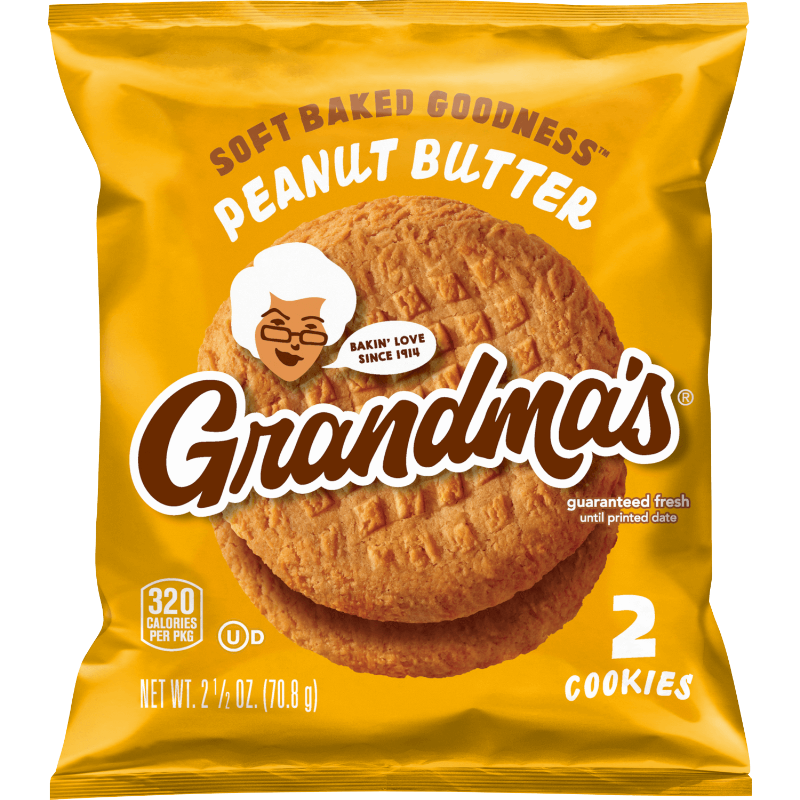 Front of Grandmas Peanut Butter Cookies bag showing soft baked peanut butter cookies, brand logo, and 71g pack size.