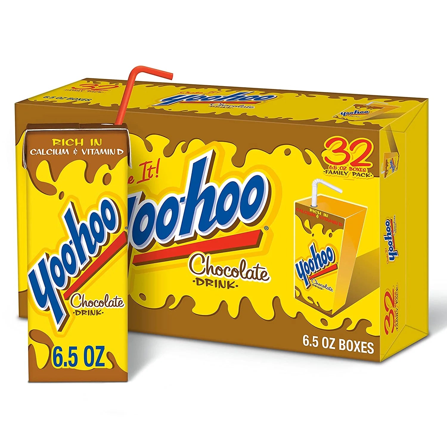 Front of Yoo-hoo Chocolate Drink Box showing yellow packaging, brand logo, and chocolate drink boxes (32 x 192ml pack)