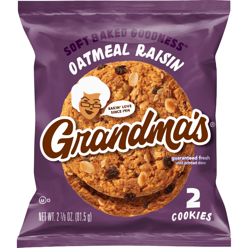 Front of Grandmas Oatmeal & Raisin Cookies bag featuring soft baked cookies with oats and raisins, brand logo, and 71g pack size.