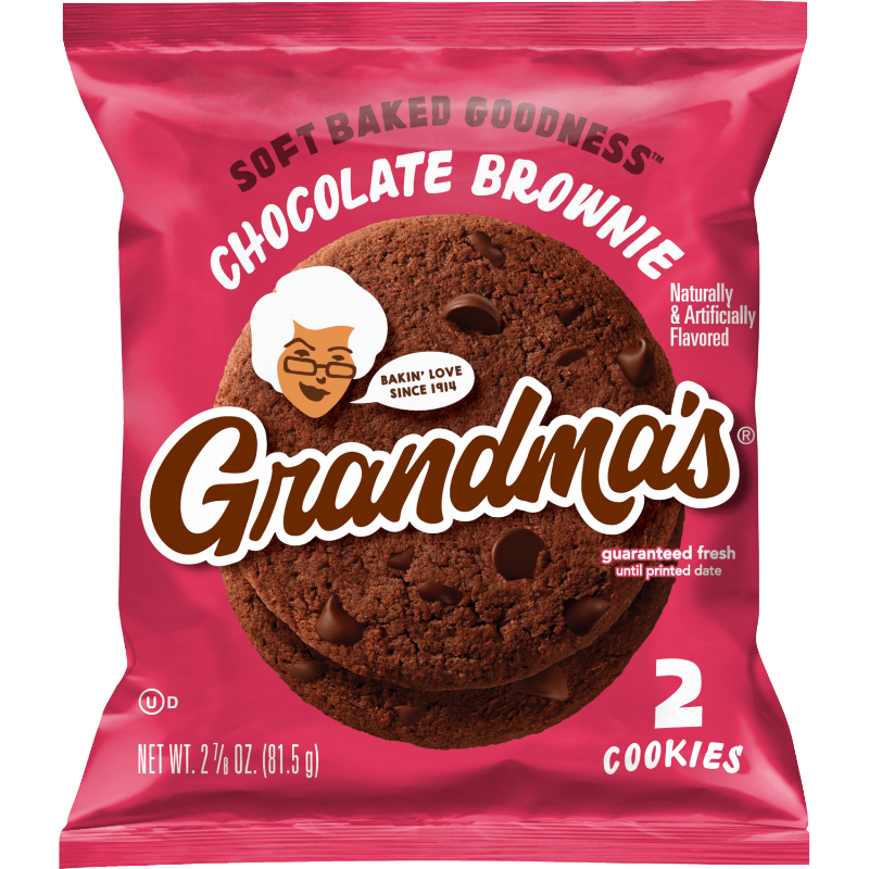 Front of Grandma's Chocolate Brownie Cookies pack showing soft-baked cookies, chocolate brownie flavour, and 71g label