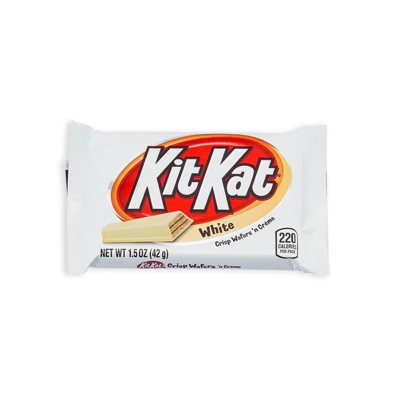 Front of Kit Kat White wrapper showcasing the logo, white chocolate flavour, and crisp wafers (42g pack)