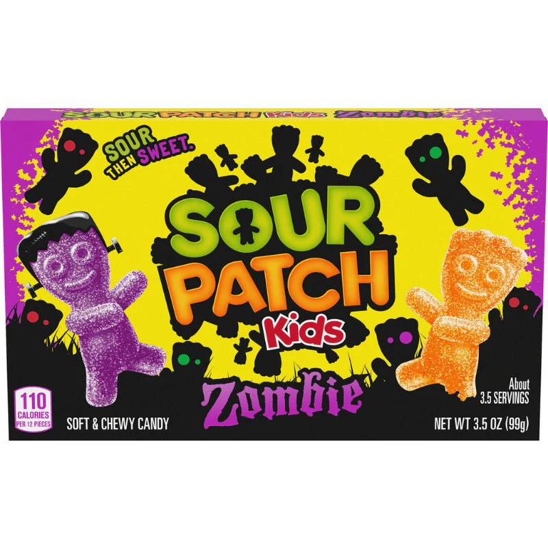 Front of Sour Patch Kids Zombie Theatre Box showing vibrant colours, soft and chewy candy characters, and label details (99g pack)