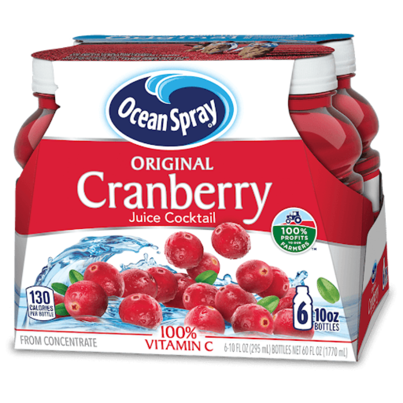 Front of Ocean Spray Cran-Juice Cocktail 6-pack showing the logo, cranberry juice cocktail label, and visible bottles (295ml each)