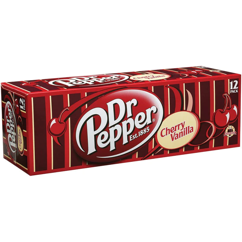 Front of Dr Pepper Cherry Vanilla pack showing the logo, cherry vanilla flavour label, and 12 pack size (355ml x12)