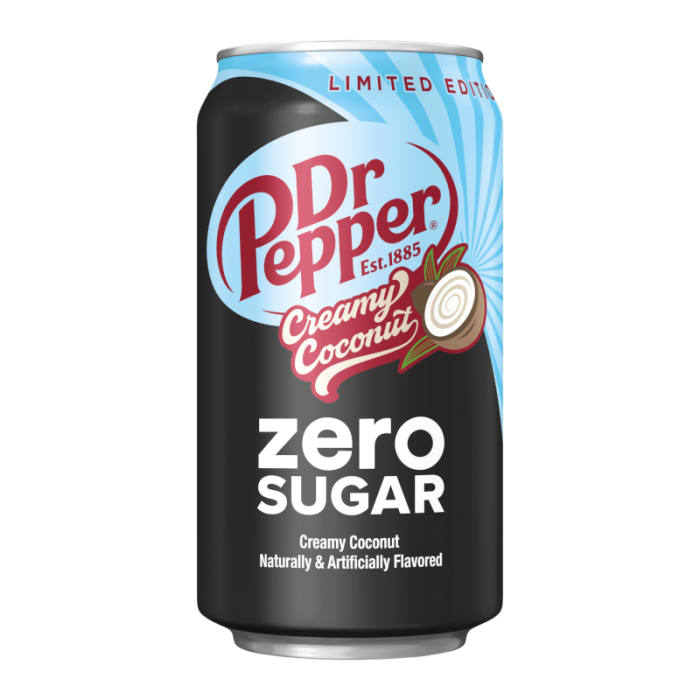 Front of Dr Pepper Creamy Coconut Zero Sugar 355ml can showing logo, creamy coconut flavour, and zero sugar label